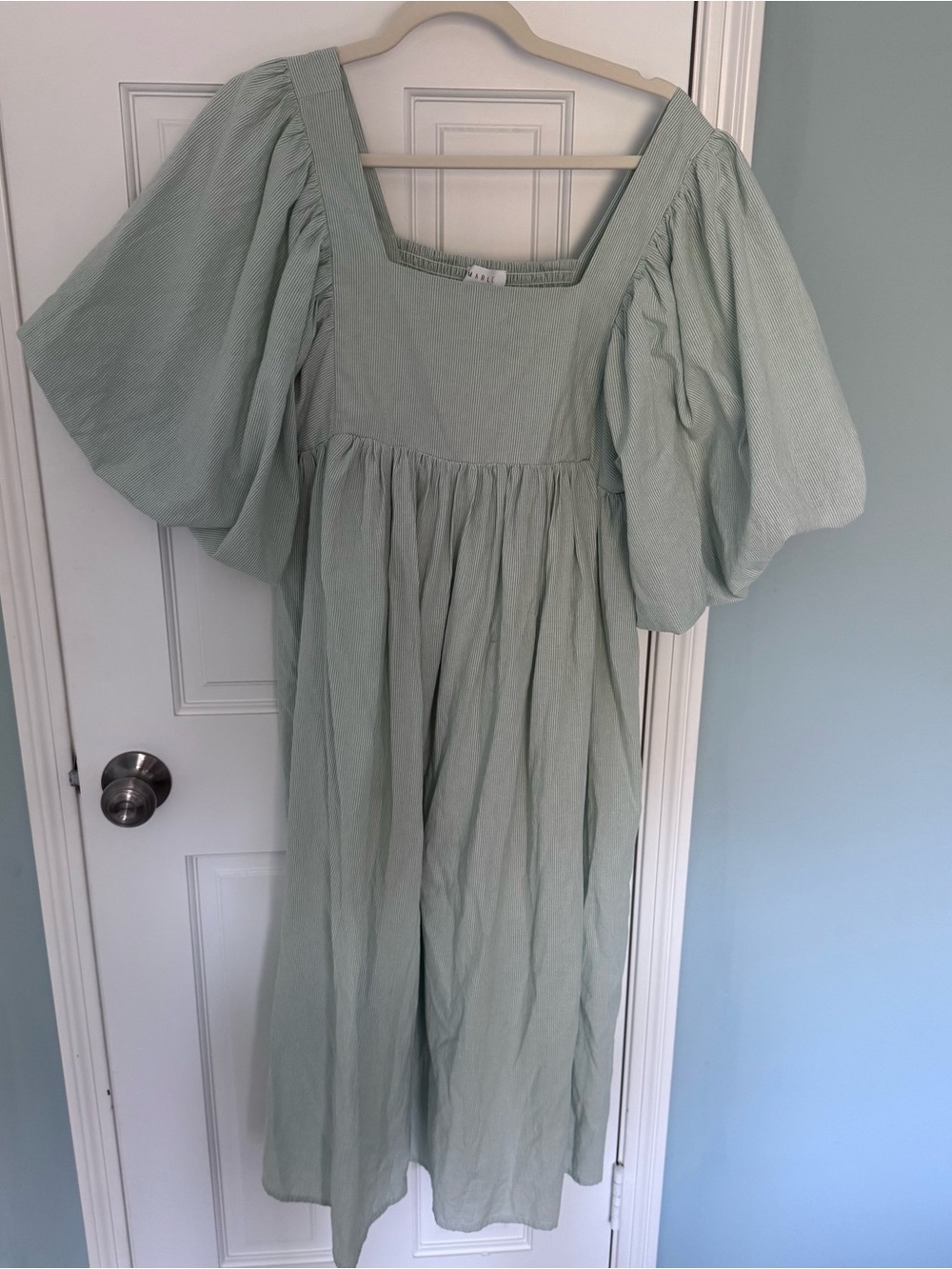 Mable Puff Sleeve Square Neck Midi Dress in Sage Green stripe small - Picture 2 of 7